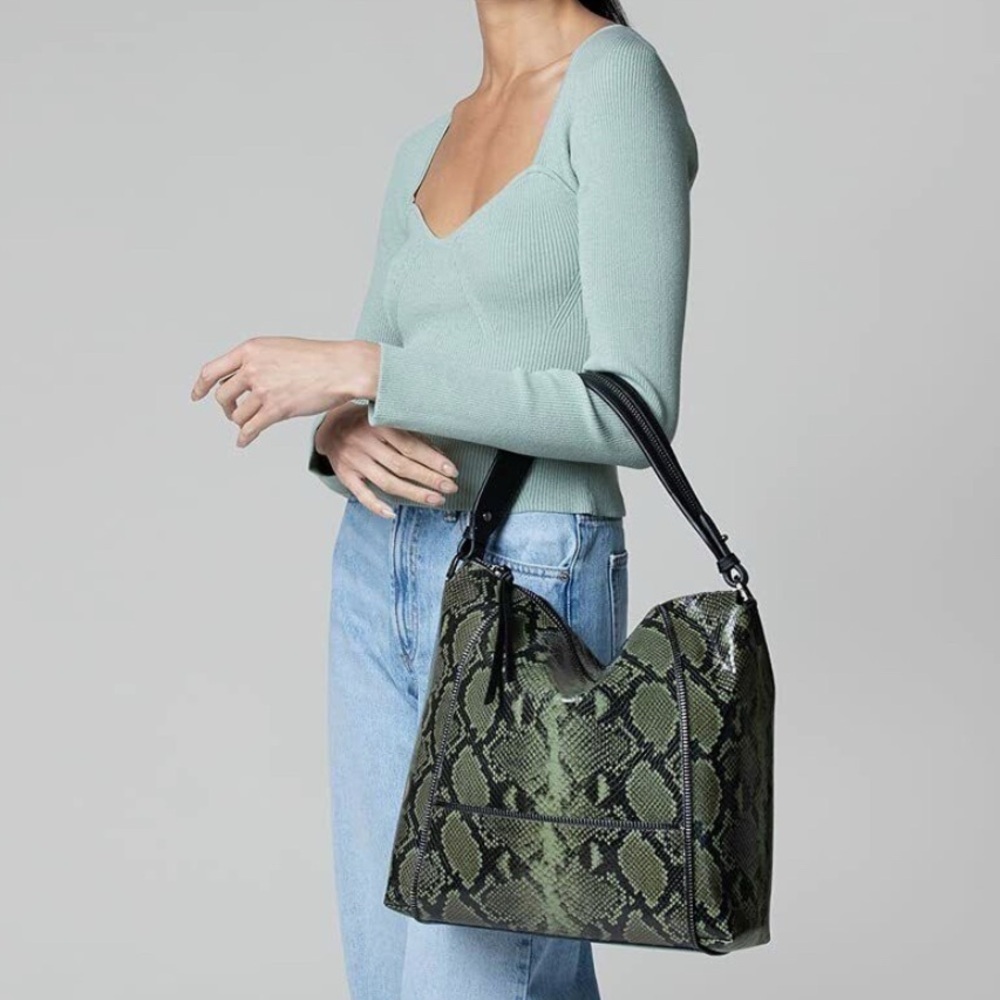 NWT Botkier Woman's Soho Medium Leather Hobo Bag Military Green Snake